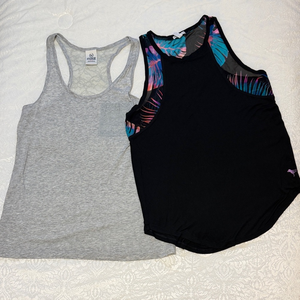 Two PINK Victoria's Secret Tank Tops - Black Tropical and Gray Lace - Size Small